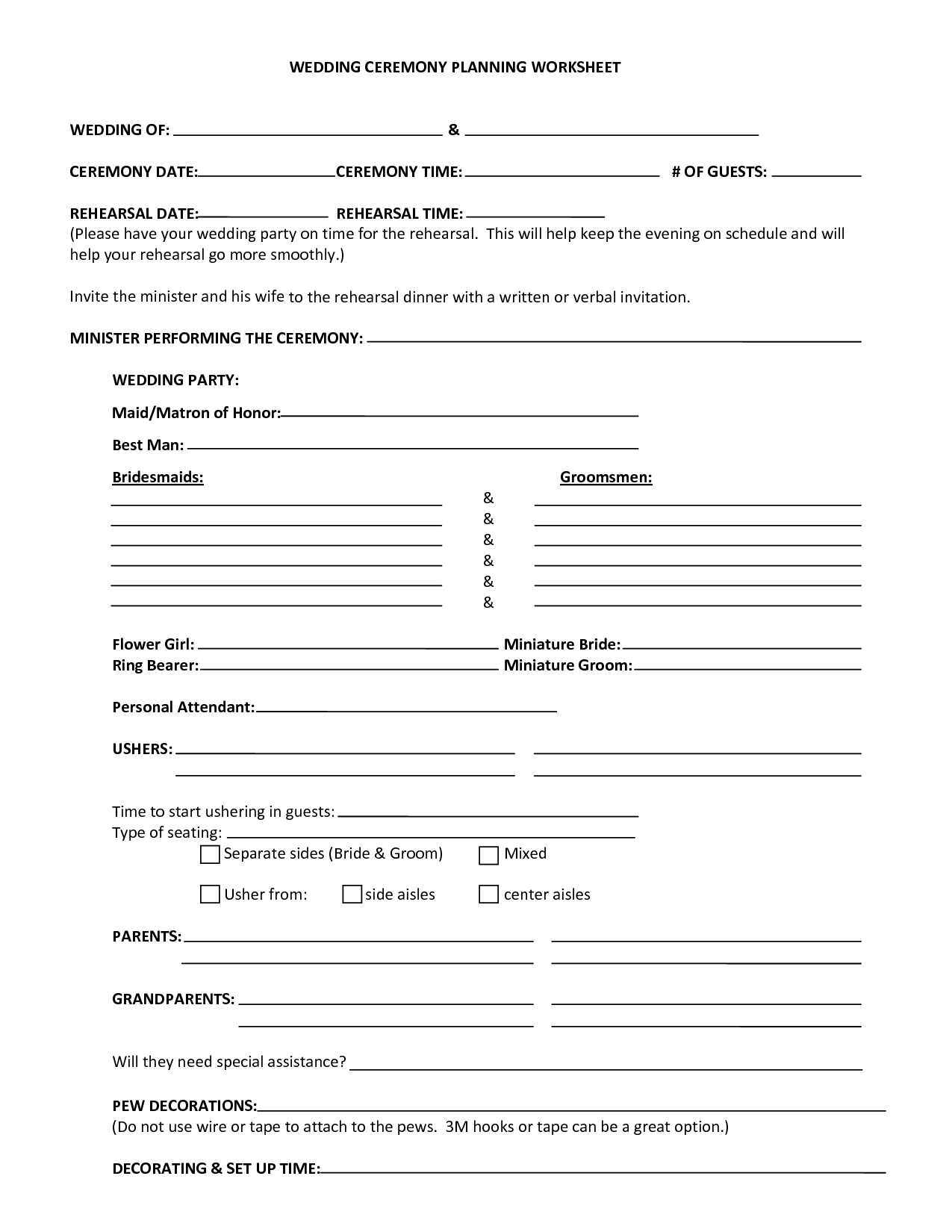 Wedding Planning Worksheet Template