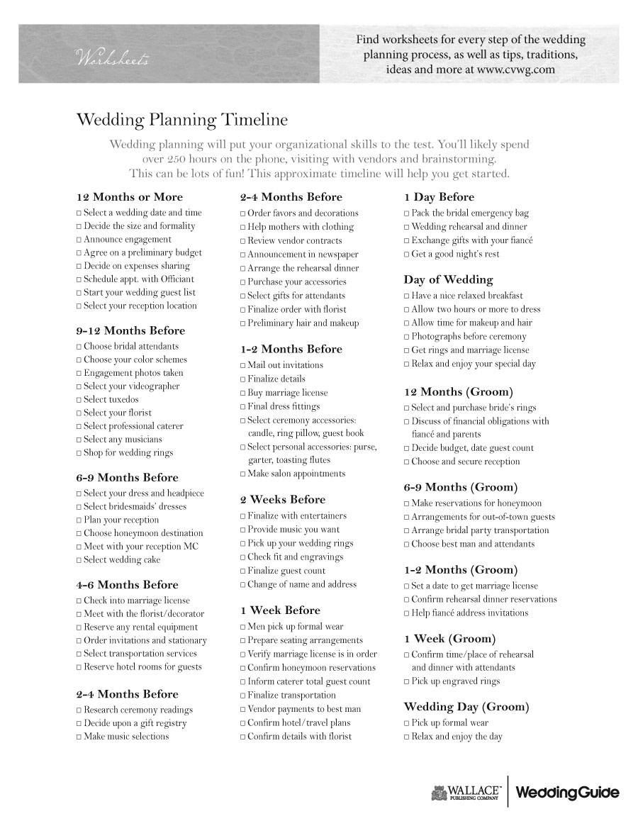 Wedding Timeline Printable Worksheets