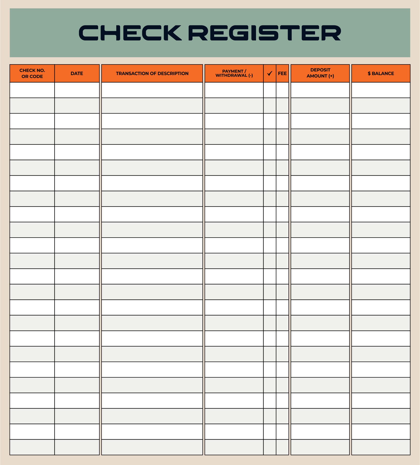 Printable Check Register Checkbook Size