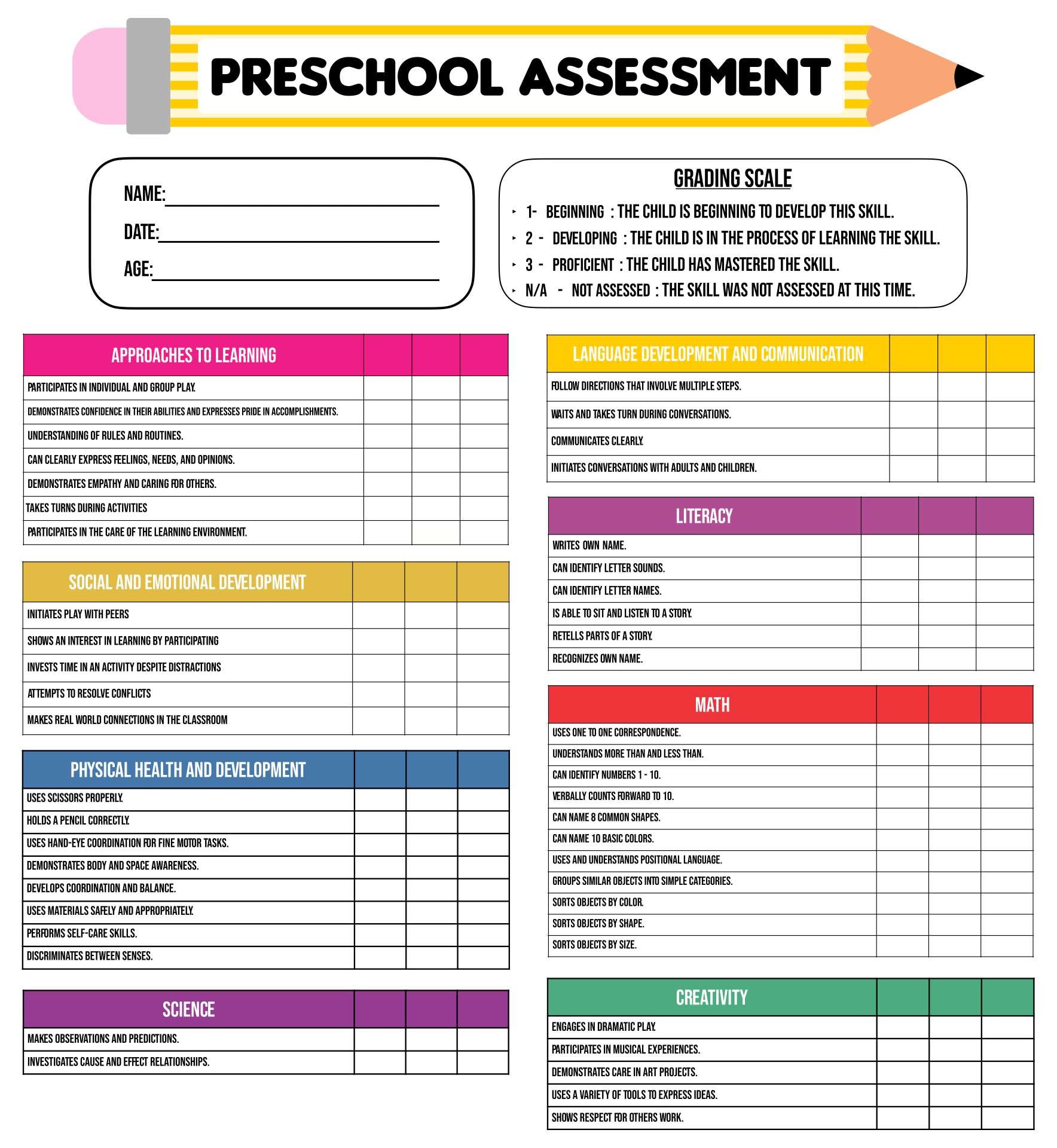 Templates Printable Preschool Assessment