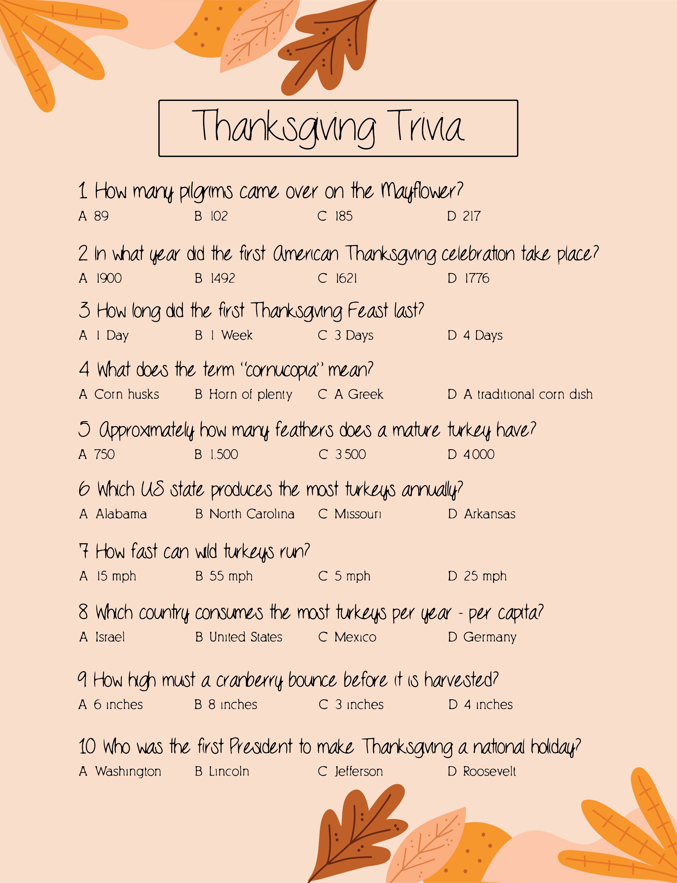 10 Best Free Printable Thanksgiving Trivia Questions PDF for Free at