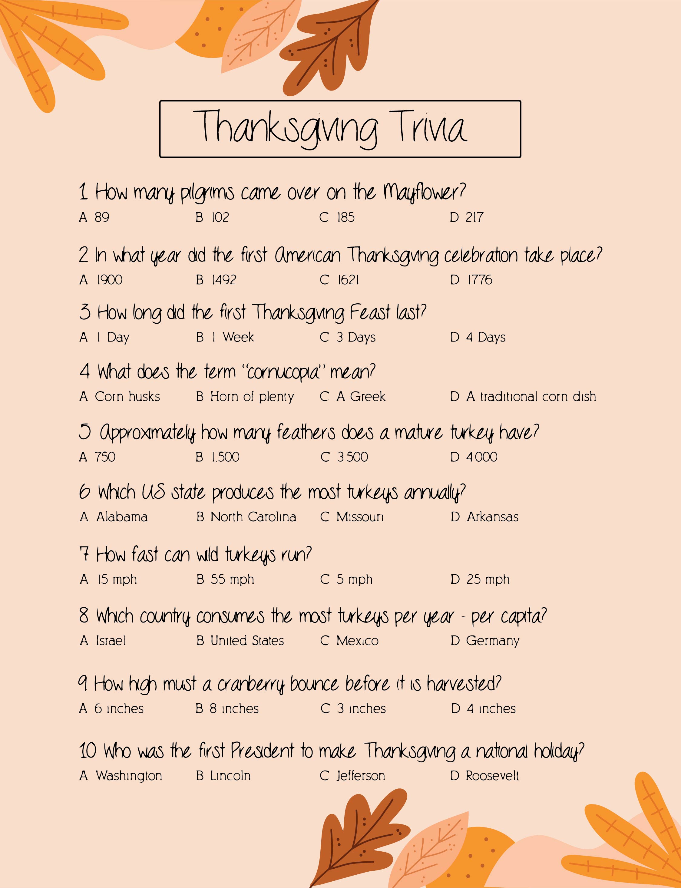 10 Best Free Printable Thanksgiving Trivia Questions Printablee