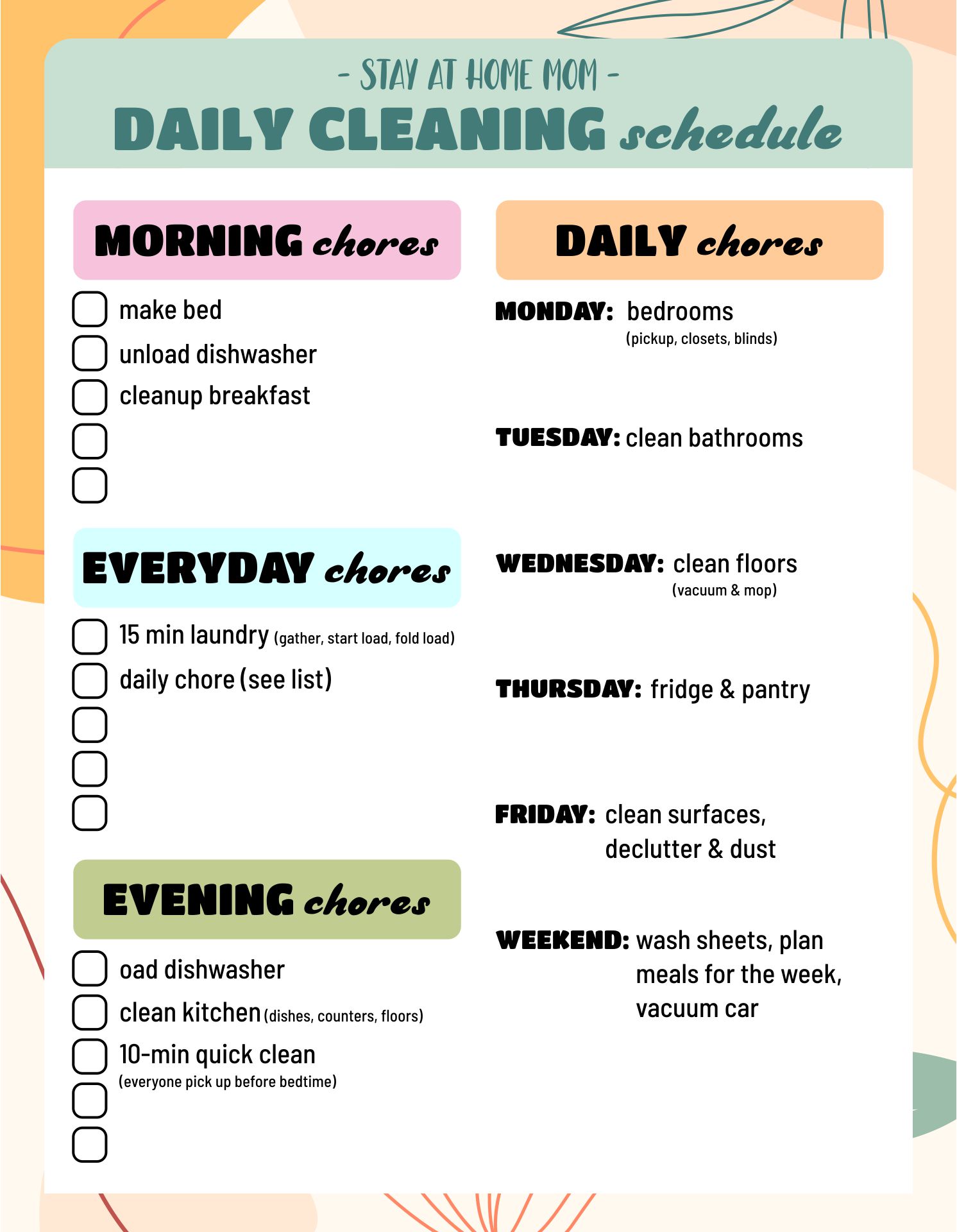 Stay At Home Mom Printable Schedules