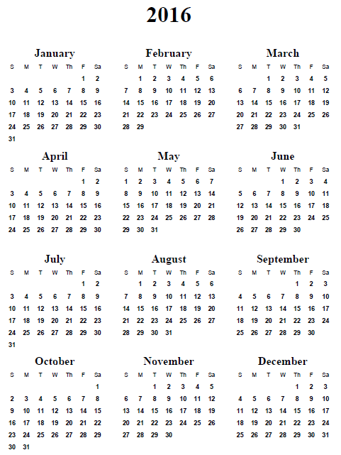 2016 Yearly Calendar Printable