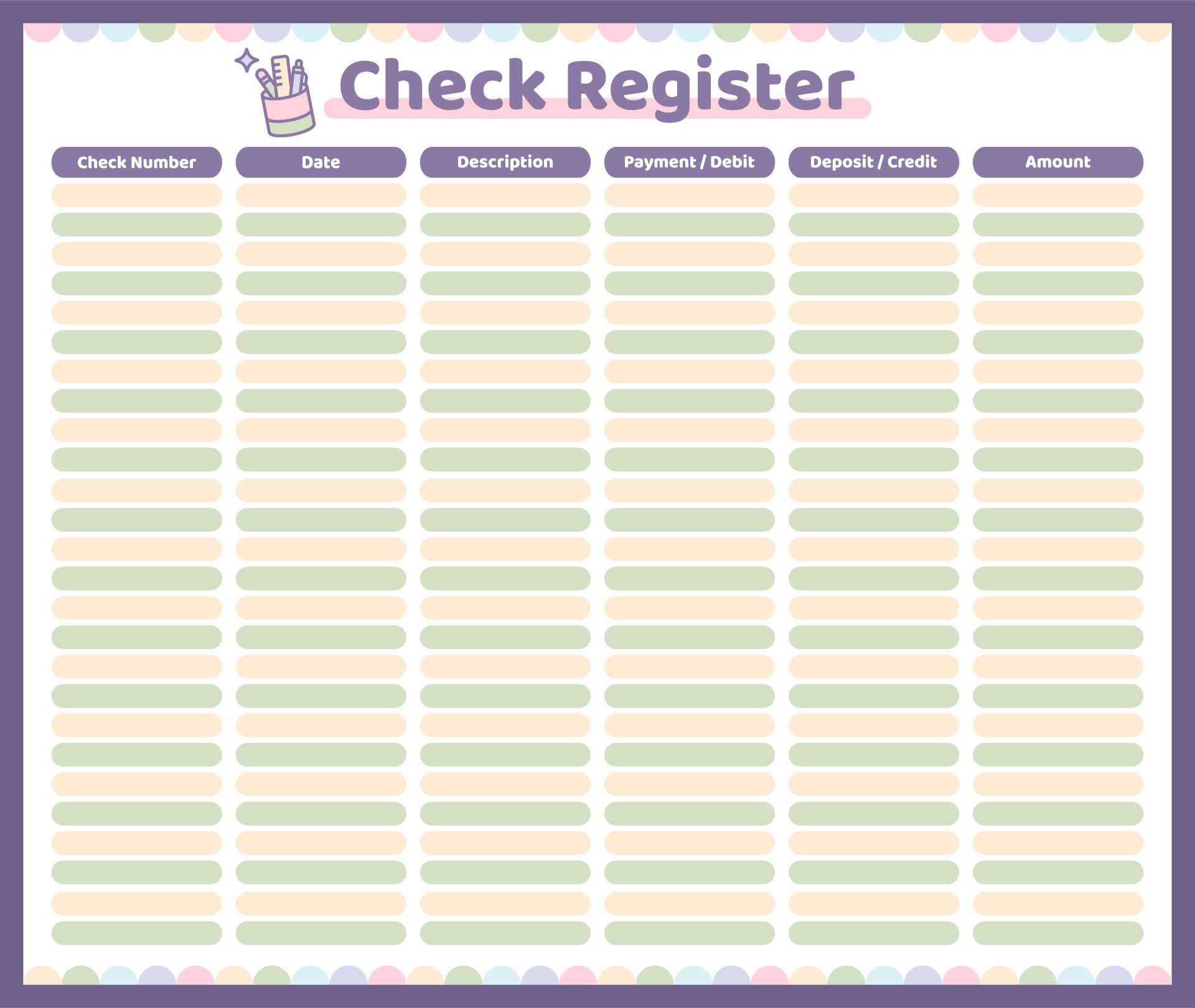 edibale printable checkbook register