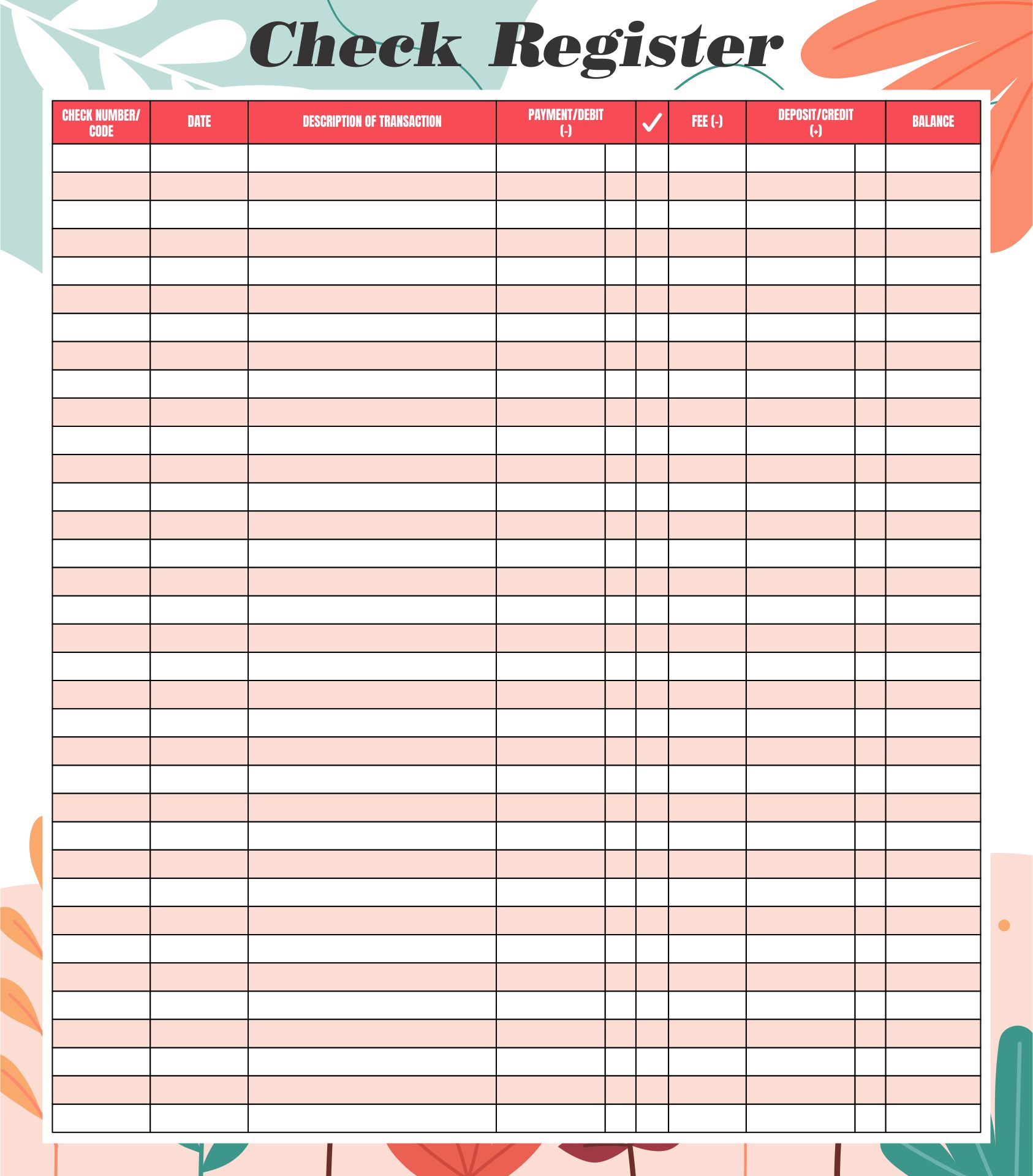 printable checkbook register sheets