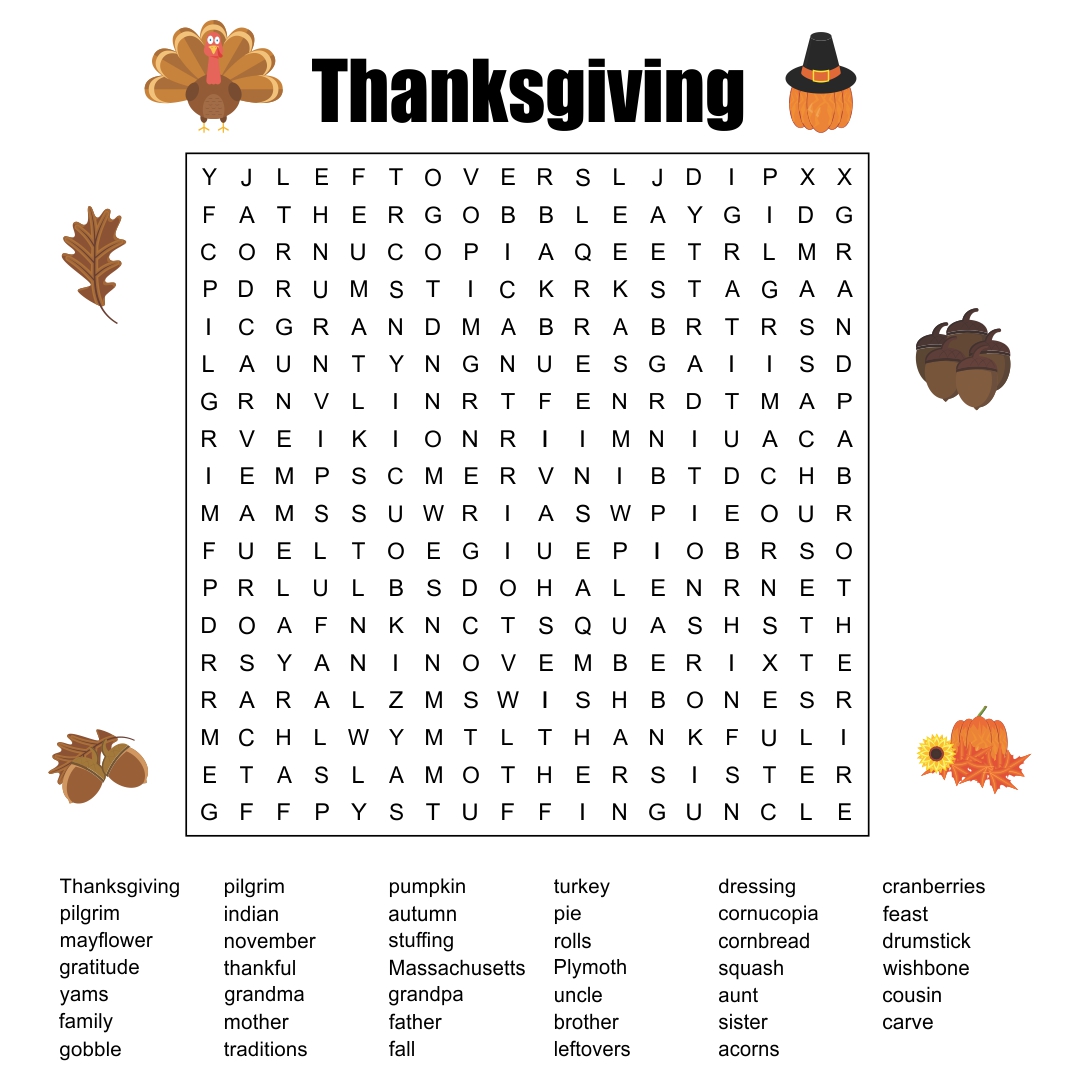 Easy Thanksgiving Word Search - 10 Free PDF Printables | Printablee