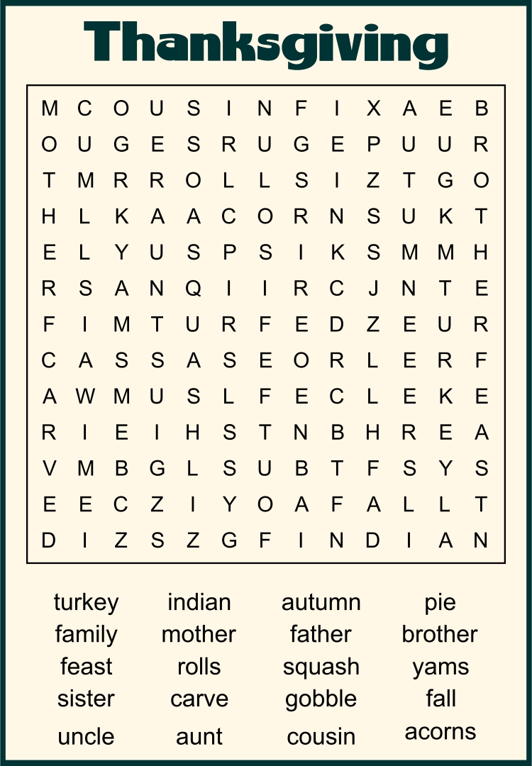 Easy Kids Word Search Printable Thanksgiving - Free Printable Worksheet