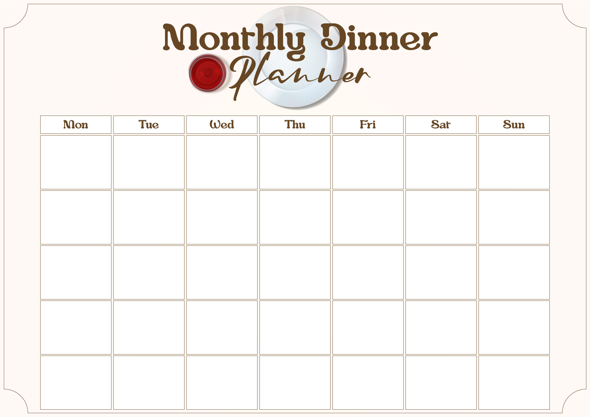 monthly dinner menu calendar template
