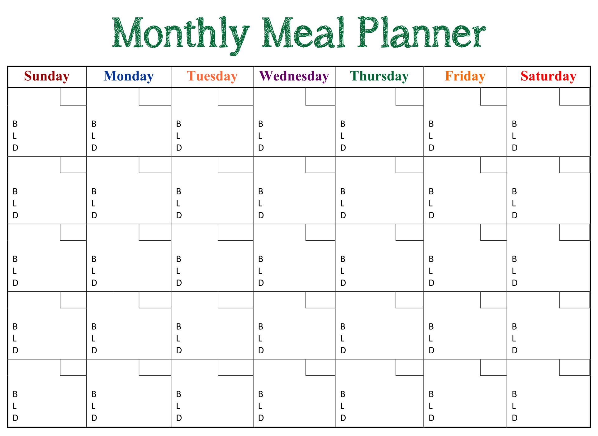 Meal Plan Calendar Printable