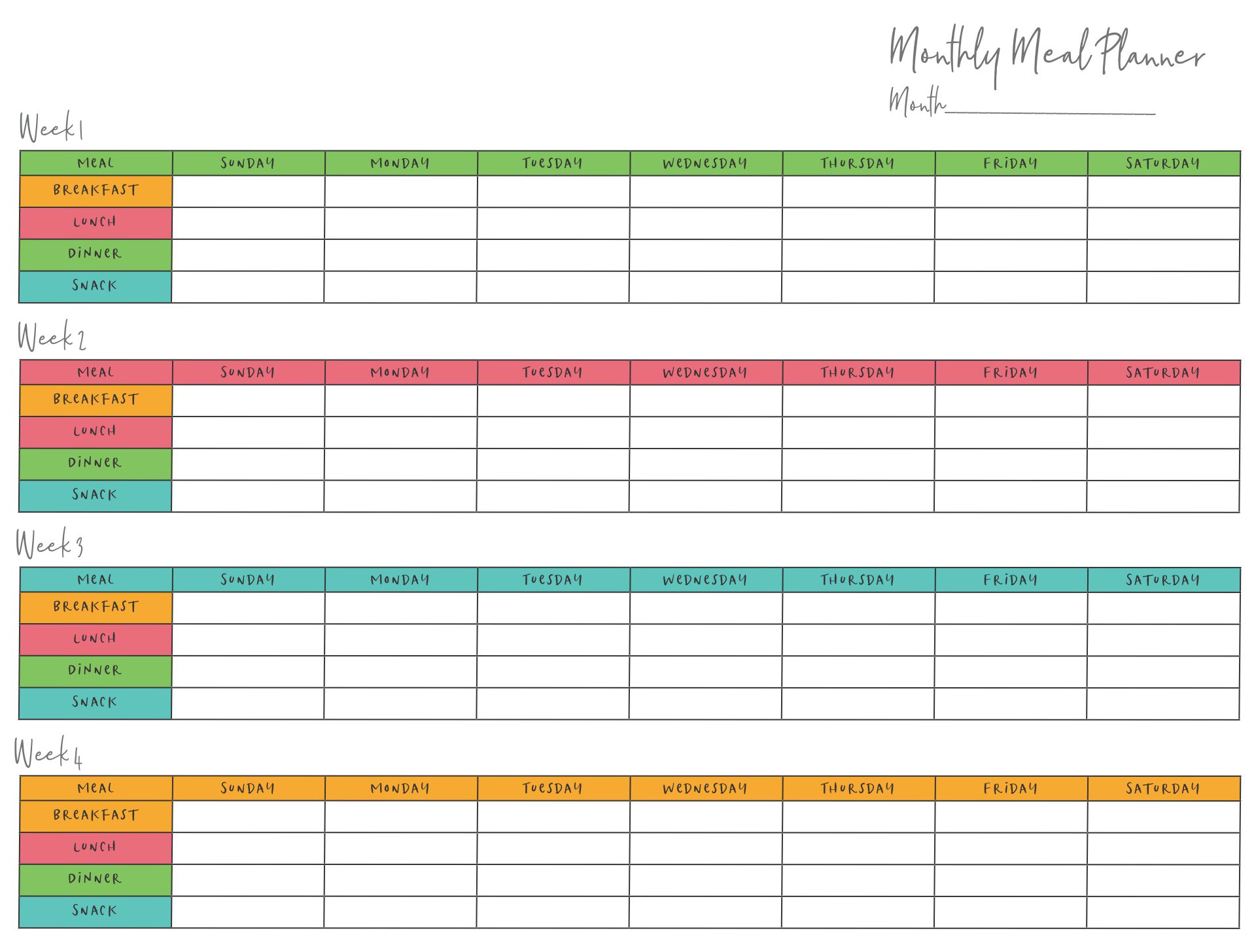monthly meal planner template printable