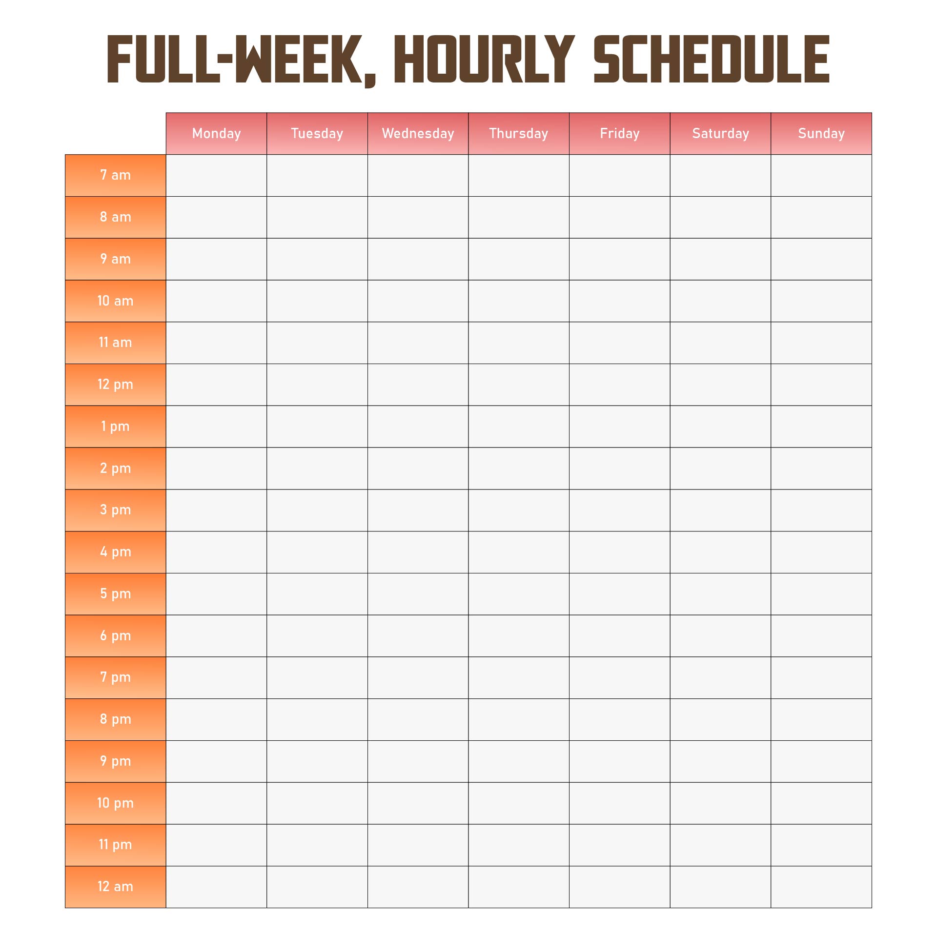 hourly schedule work week printable