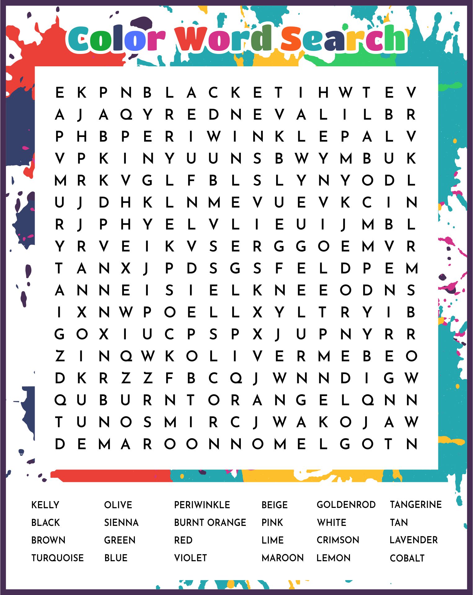 Color Word Search Printable