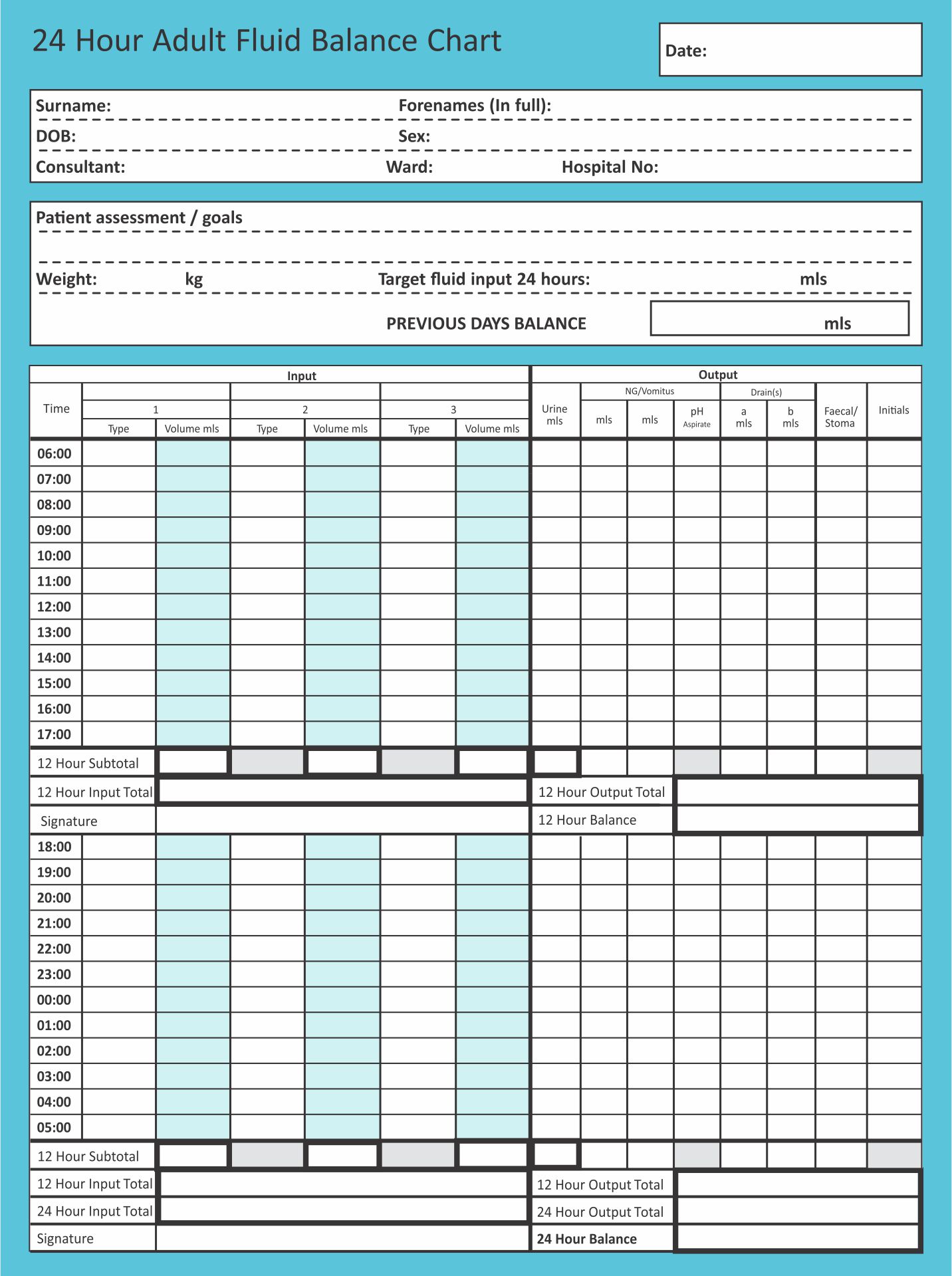 Fluid Intake And Output Chart Printable