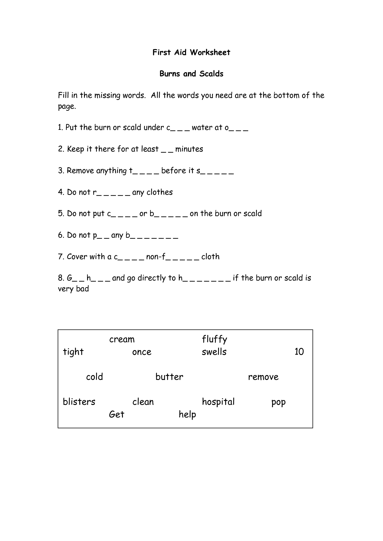 Printable Basic First Aid Worksheets