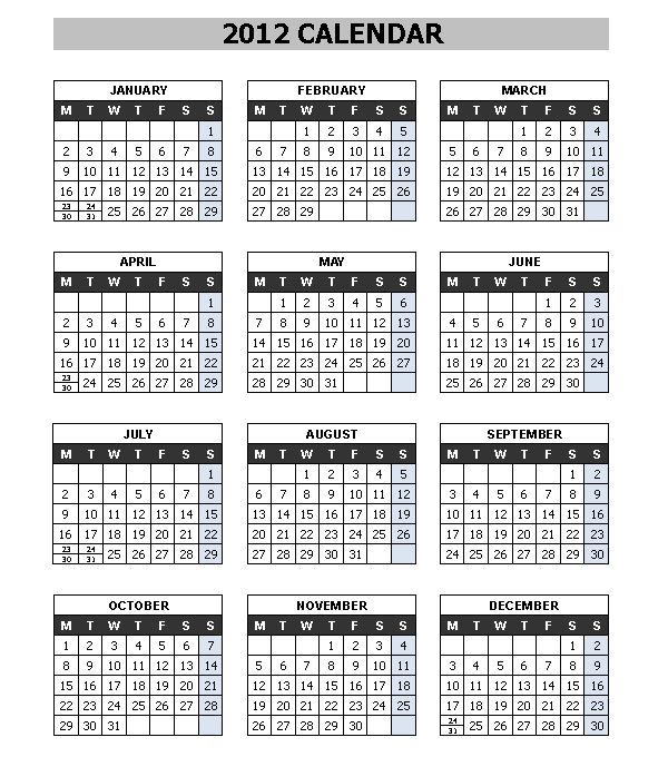 2012 Yearly Calendar Printable