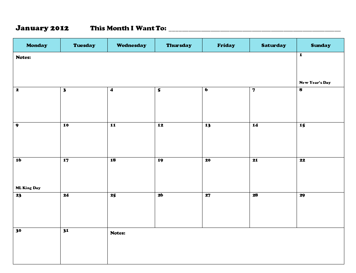 Printable Monthly Calendar