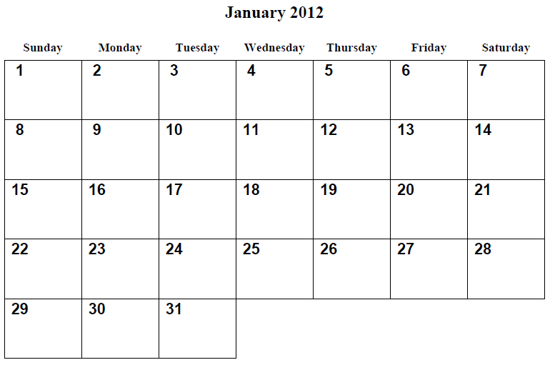 January 2012 Calendar Printable