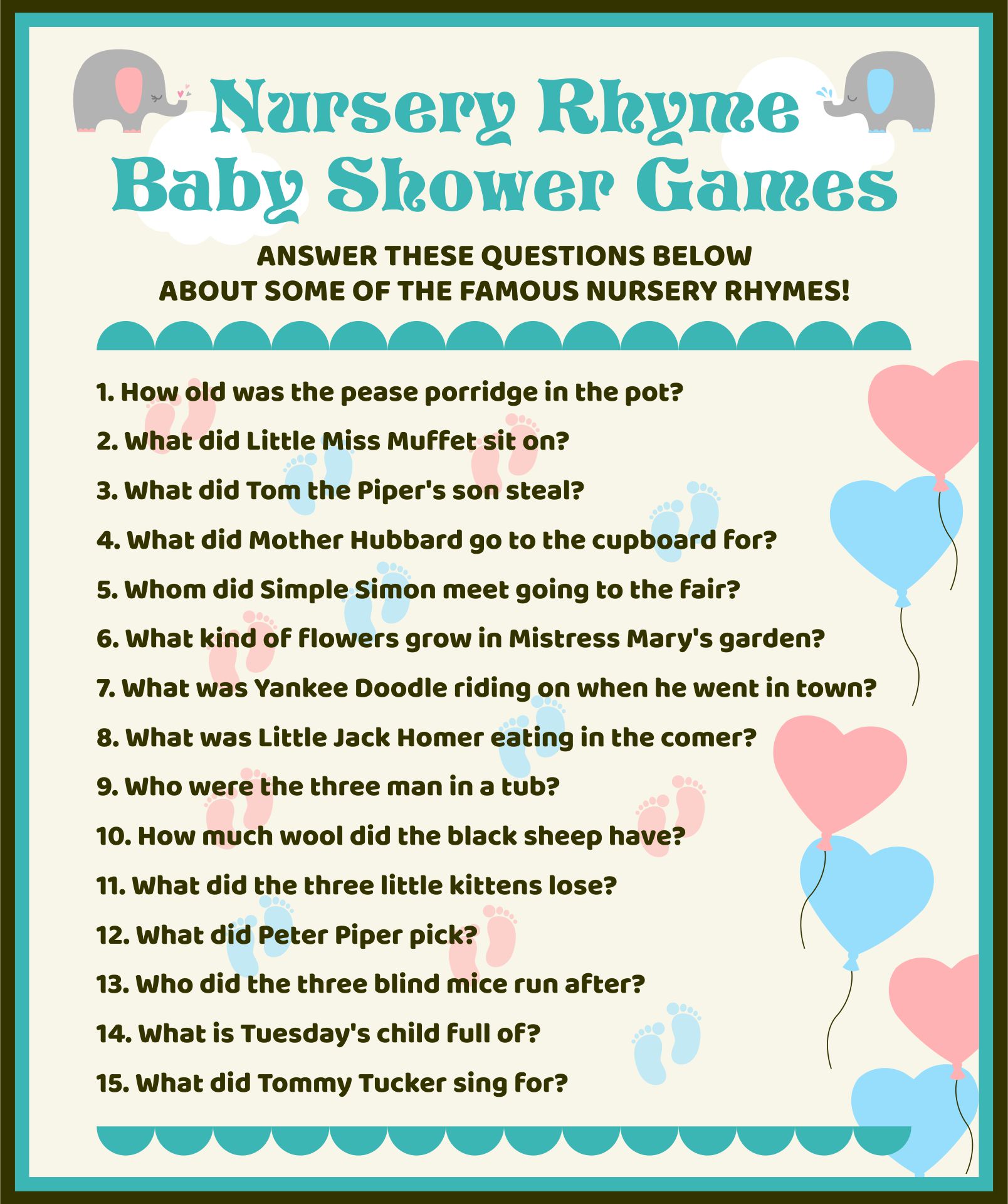 Printable Nursery Rhyme Baby Shower Games