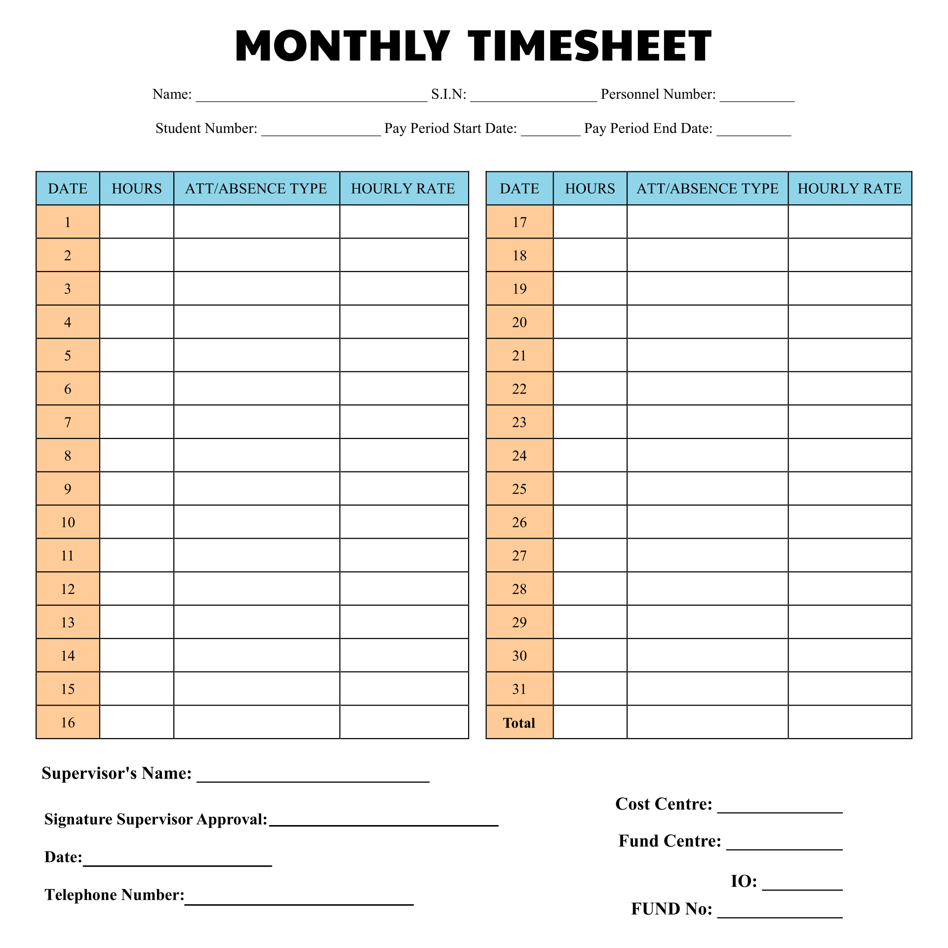 Printable Monthly Timesheet Template