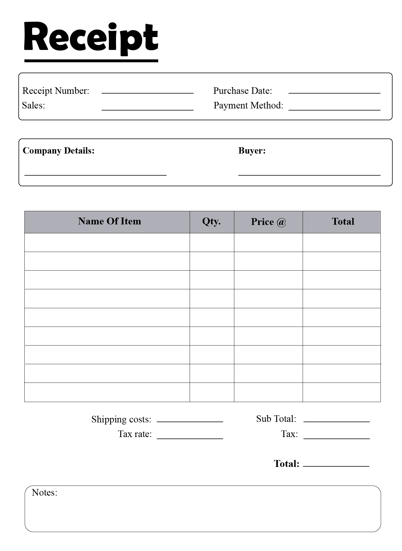 Printable Blank Receipt Form