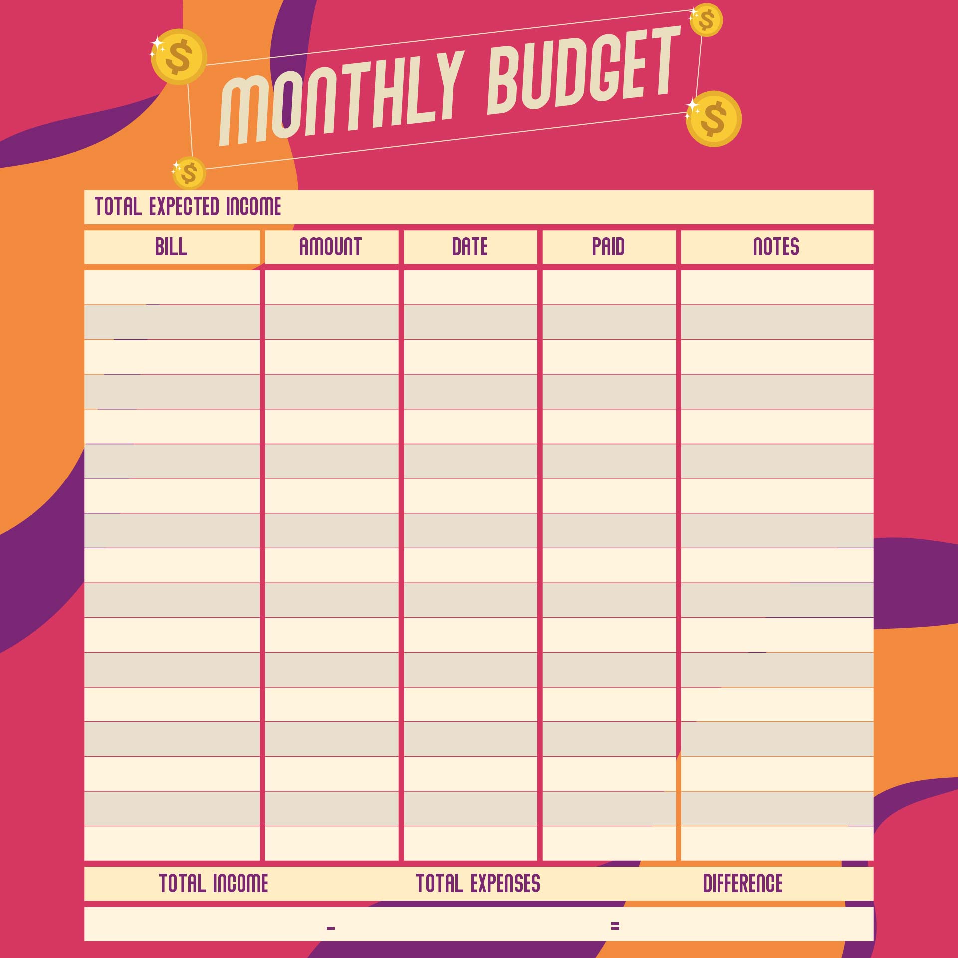 monthly household budget spreadsheet printable