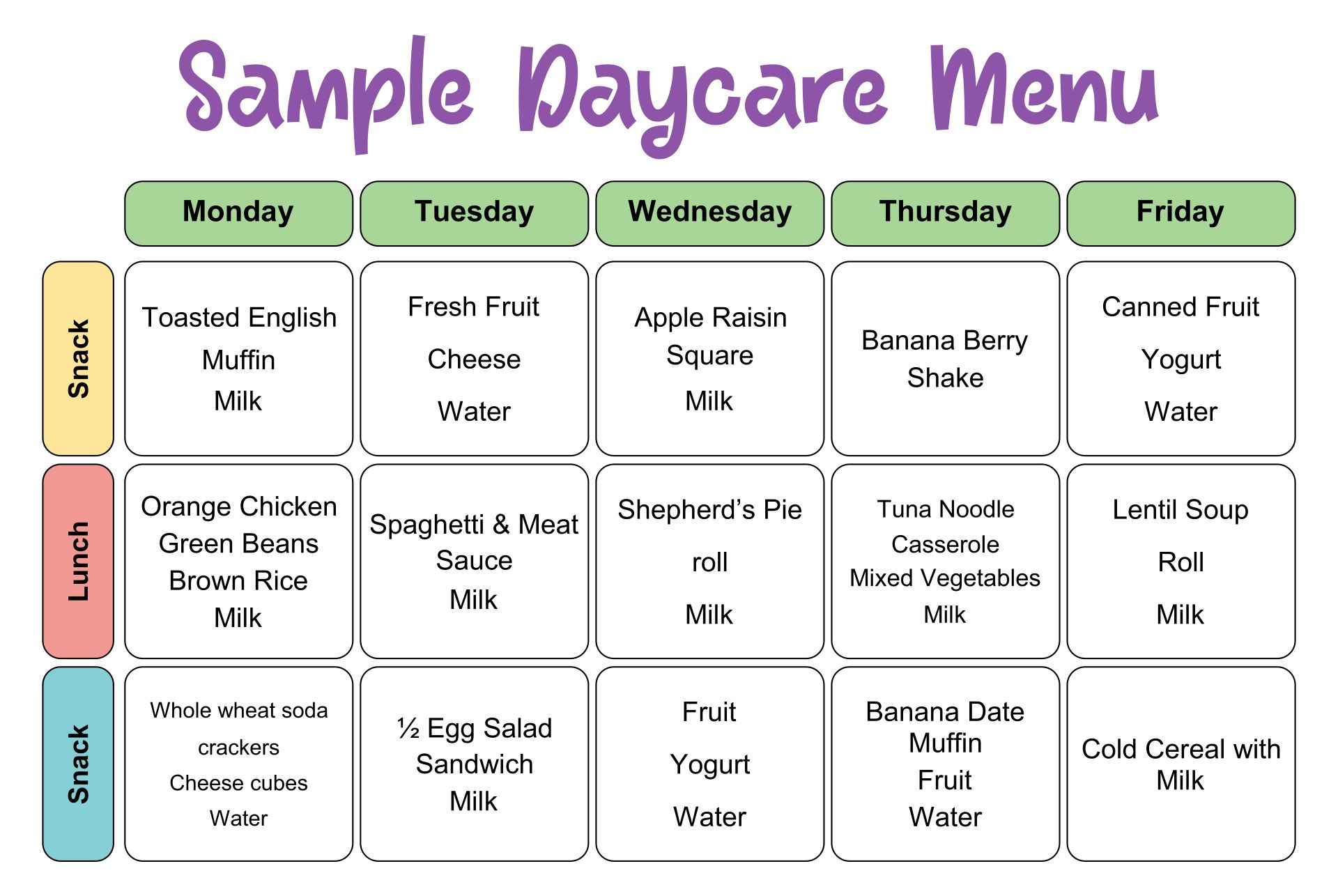 Free Printable Day Care Menus