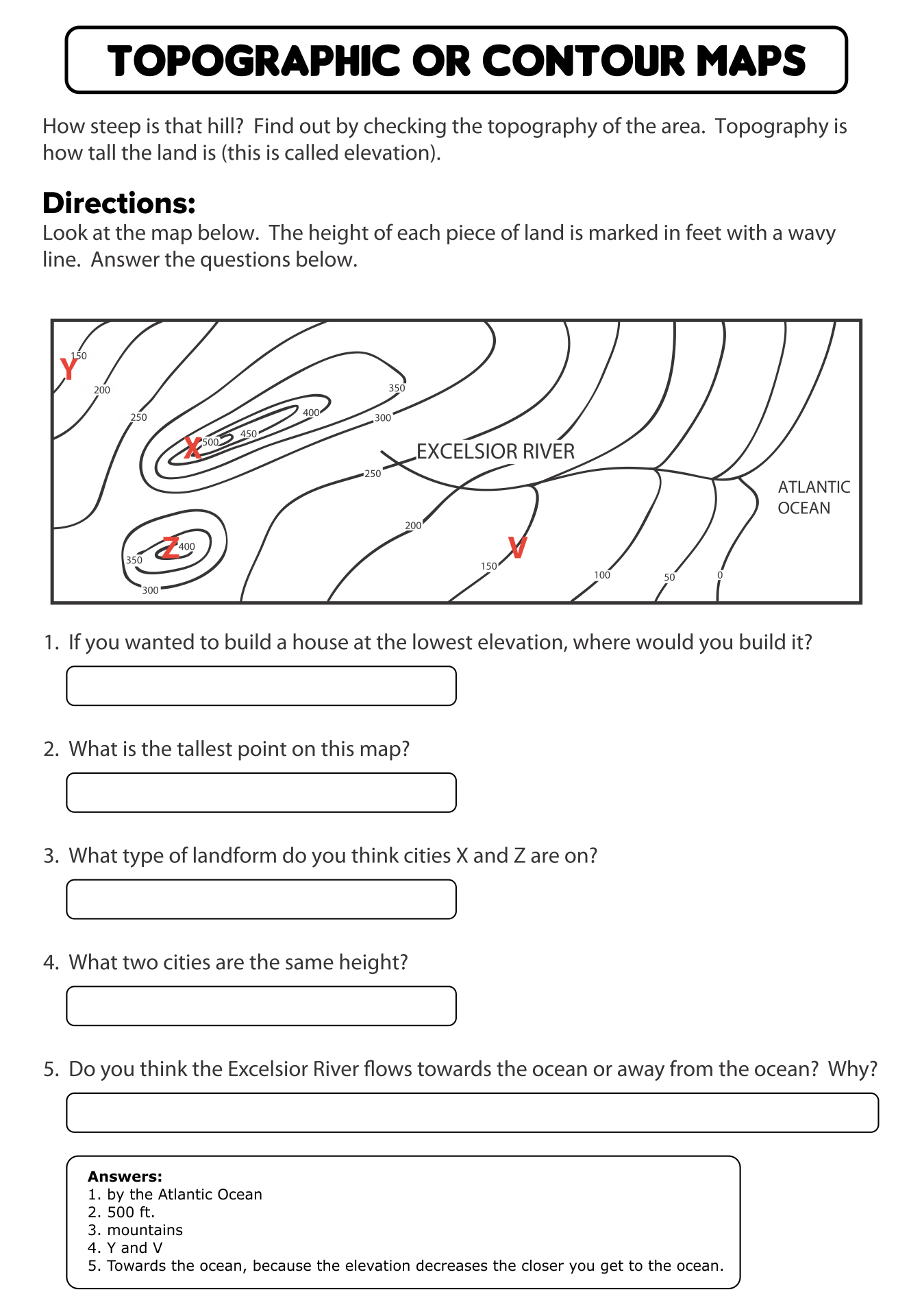 Topographic Map Worksheets Printable