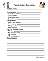 Parent Contact Information Sheet