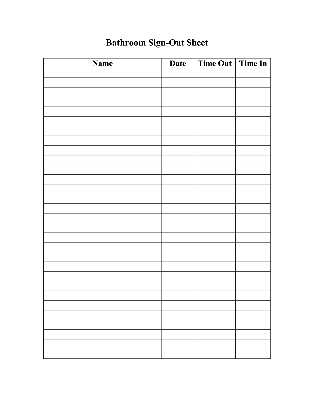 Bathroom Sign Out Sheet Template