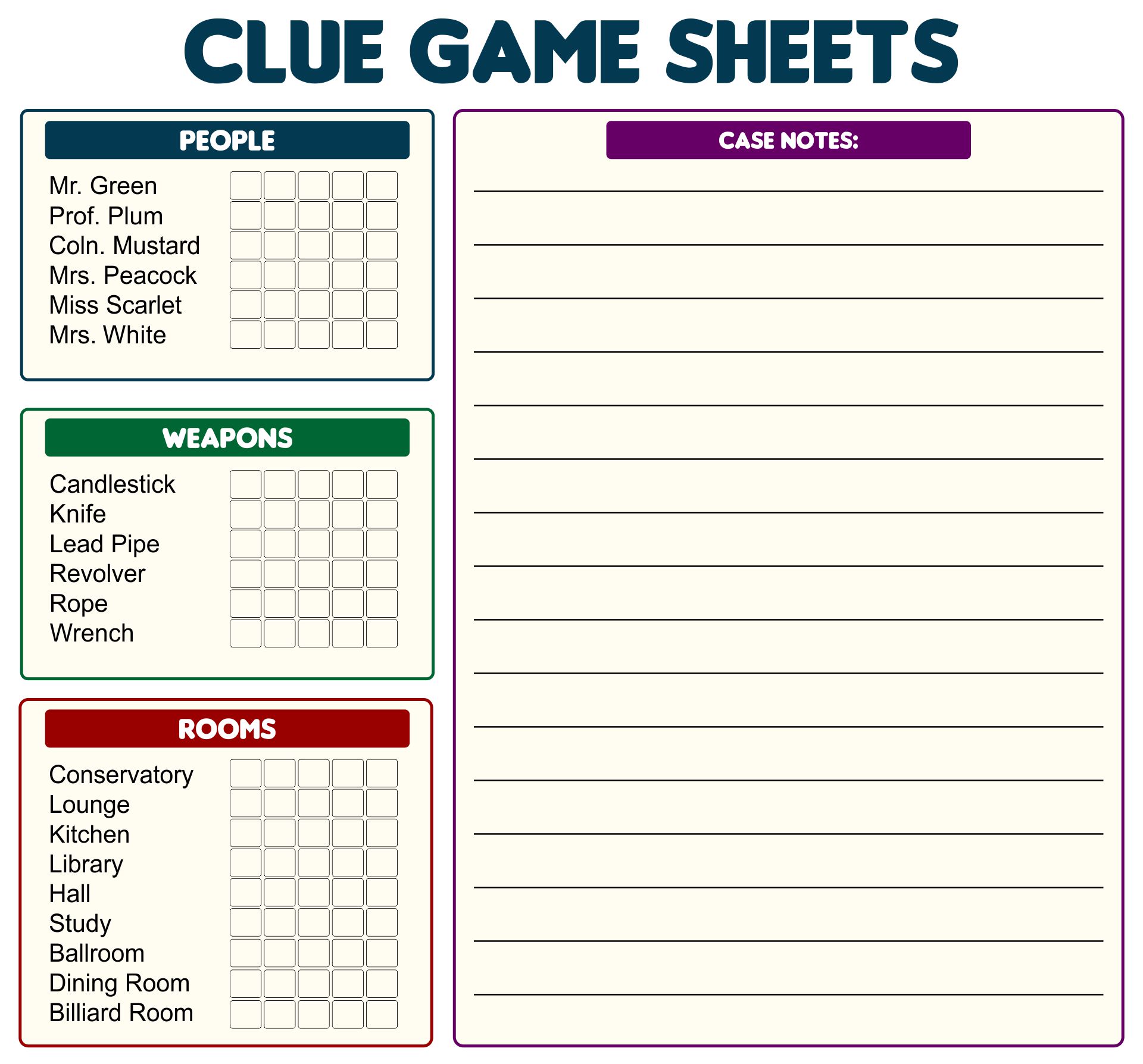 Original Printable Clue Sheets