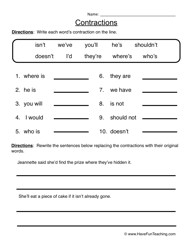 Contraction Worksheets Grade 1