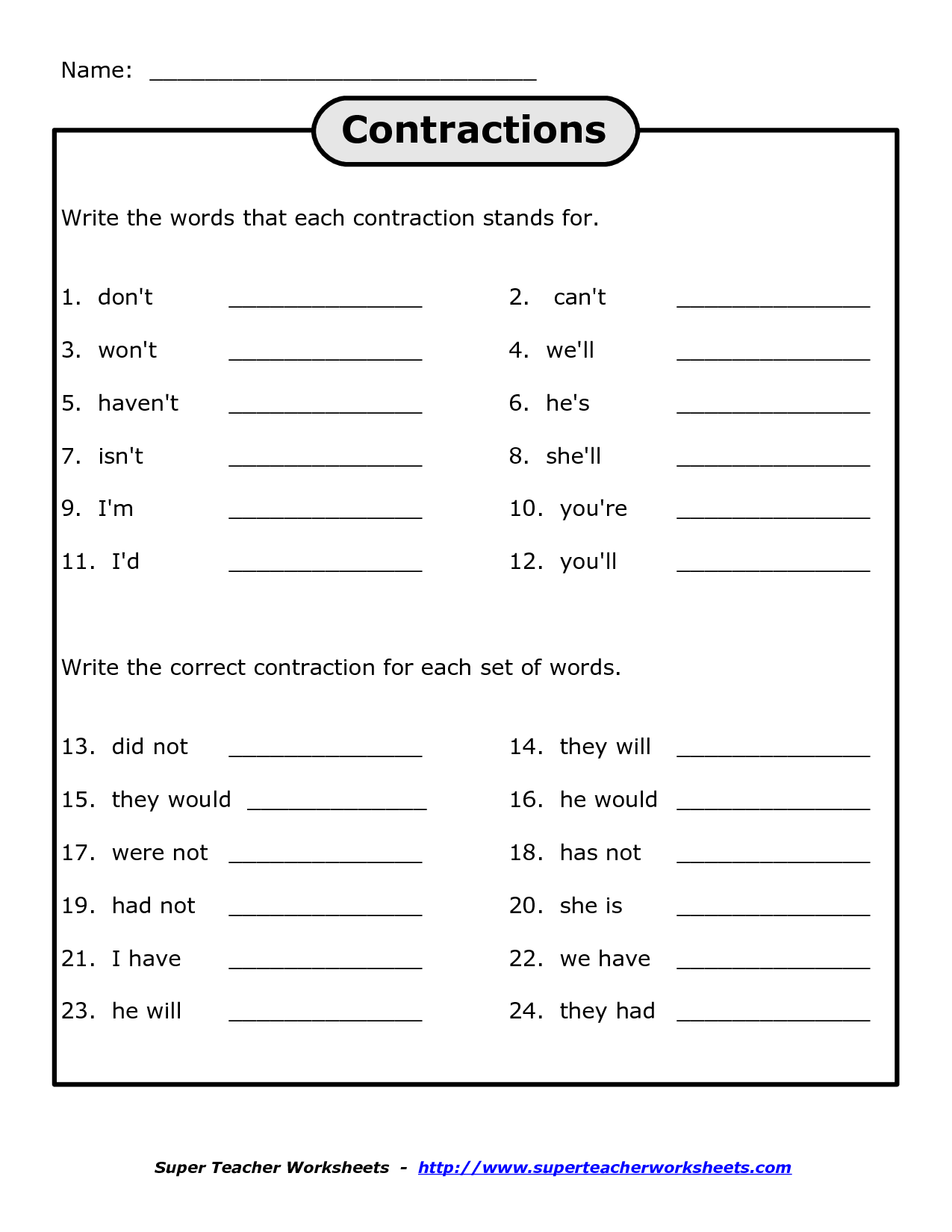 Printable Contraction Worksheets 2nd Grade