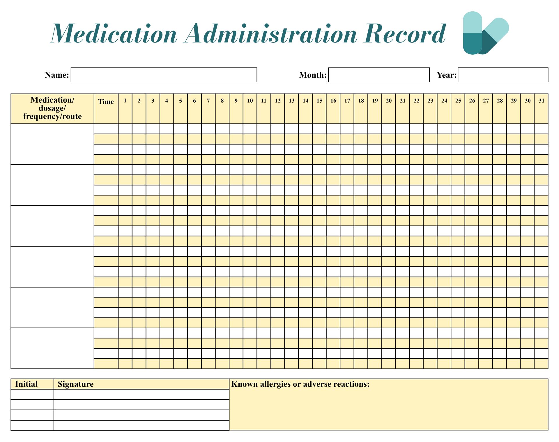Printable Blank Medication Sheet
