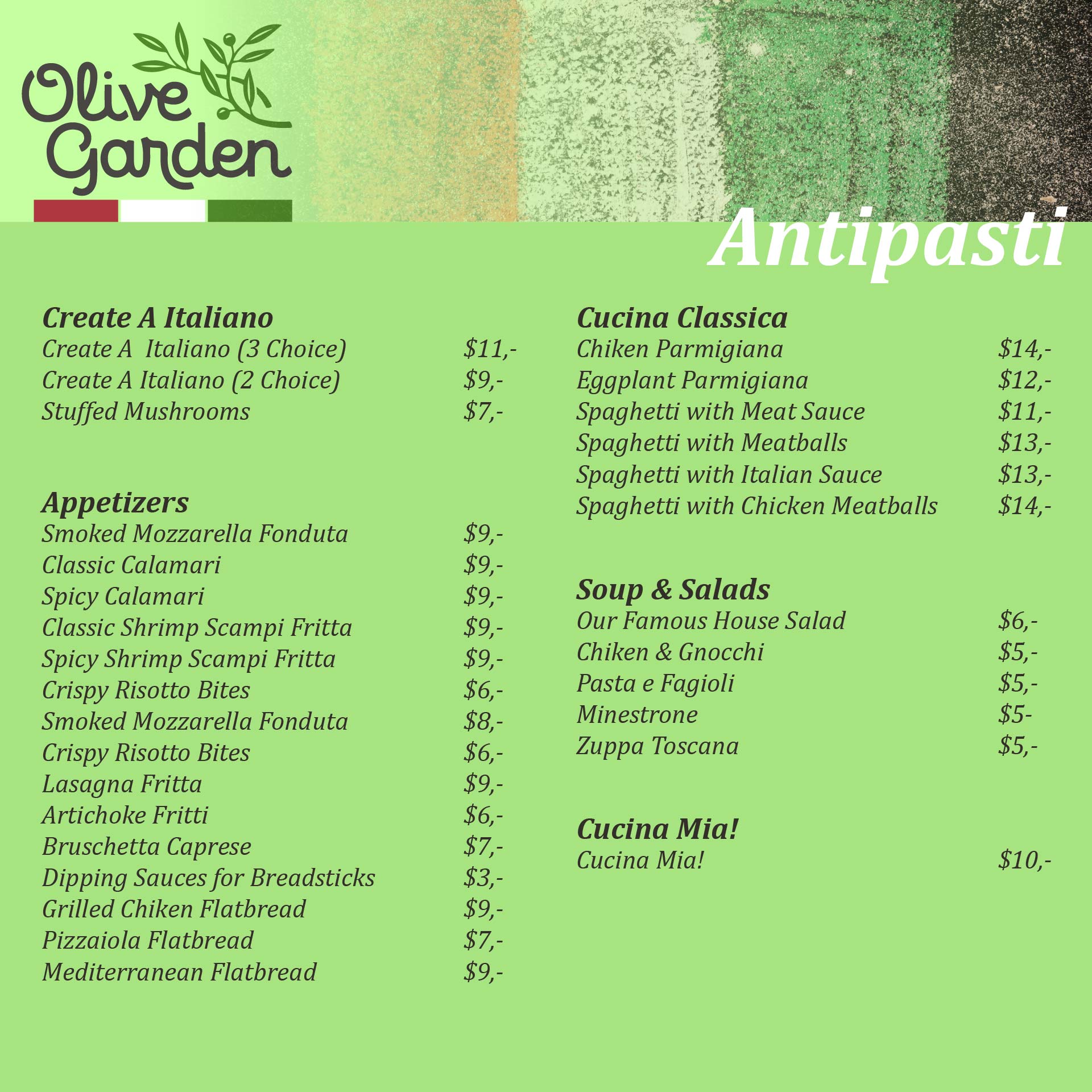 olive garden short menu and prices