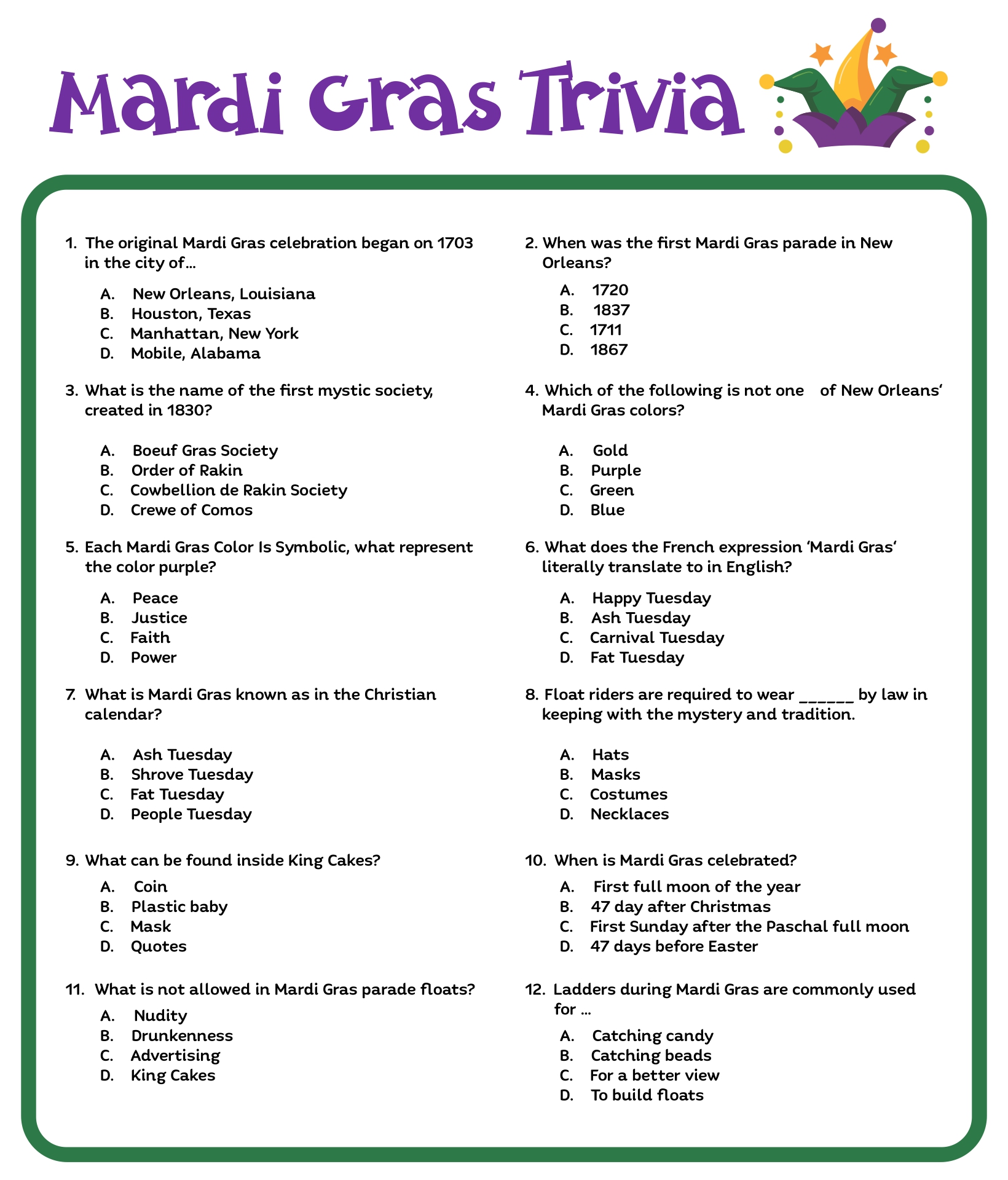 Mardi Gras Trivia Printable Printable World Holiday