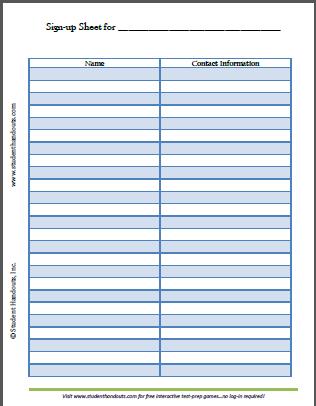 Printable Sign Up Sheets