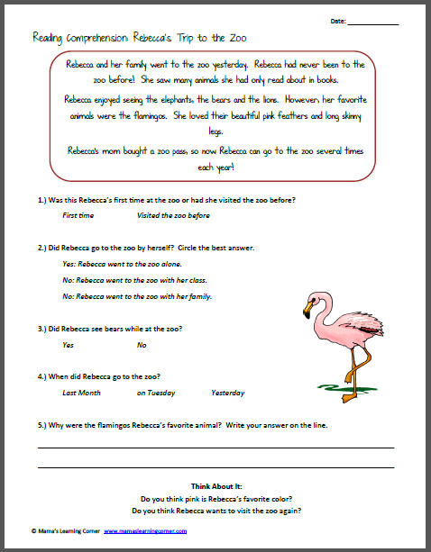 Kindergarten Grade Reading Comprehension Worksheets