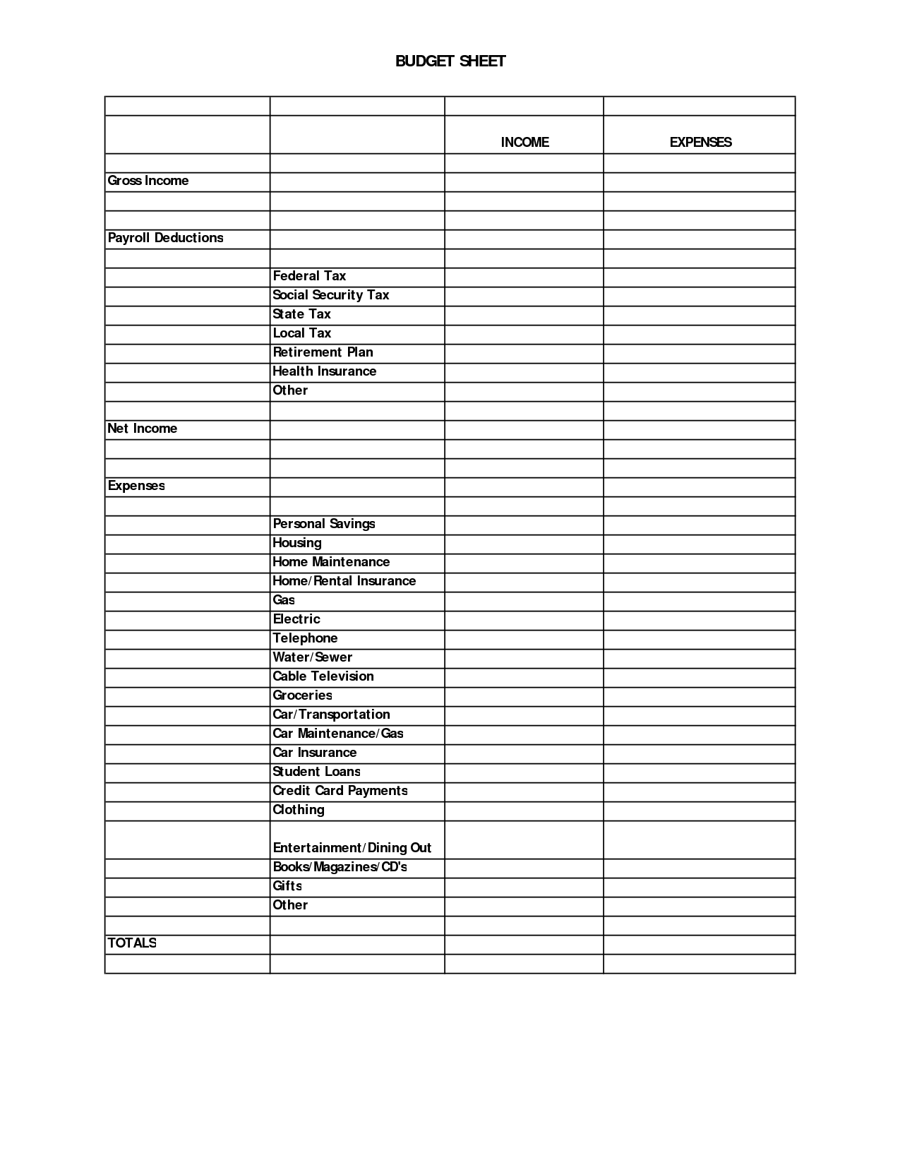 Printable Blank Worksheet Budget Sheet