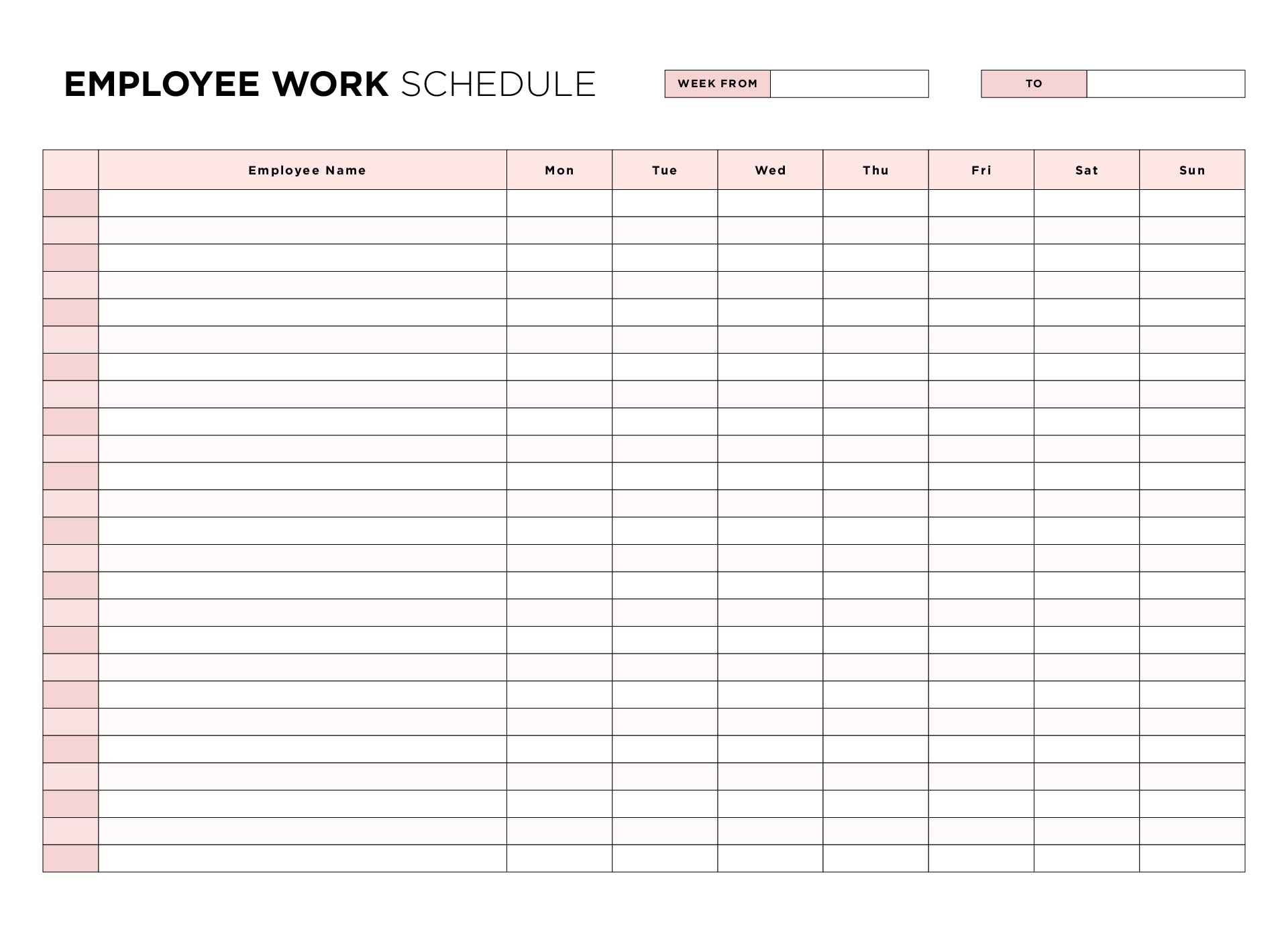 printable work schedule template starting with sunday