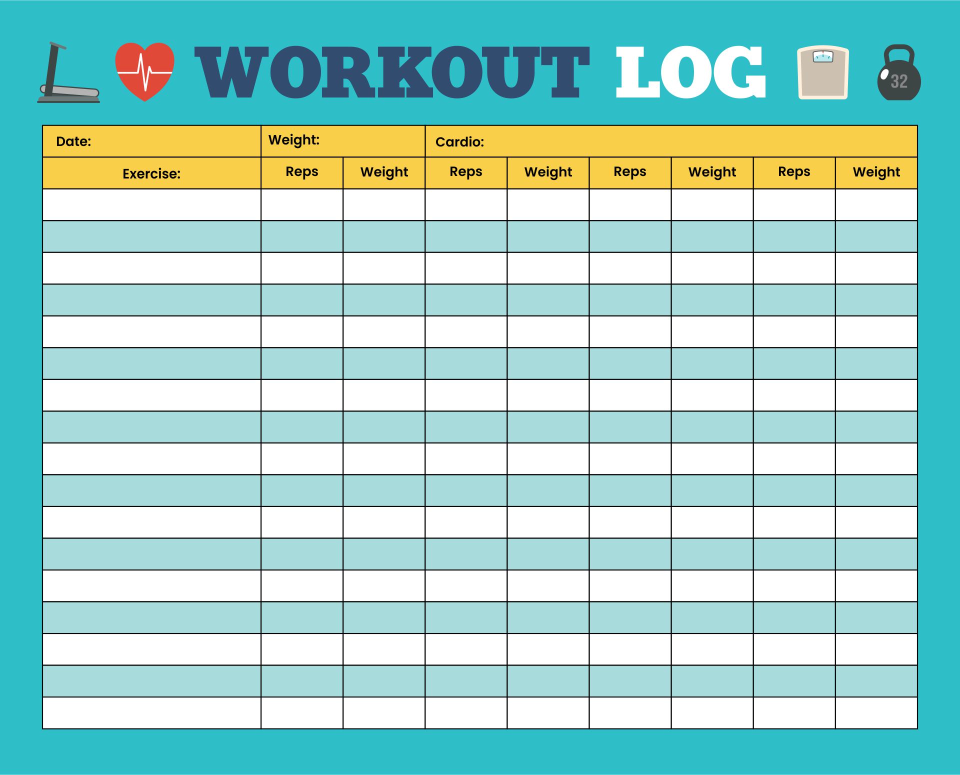 Cardio Workout Log Template  Printable