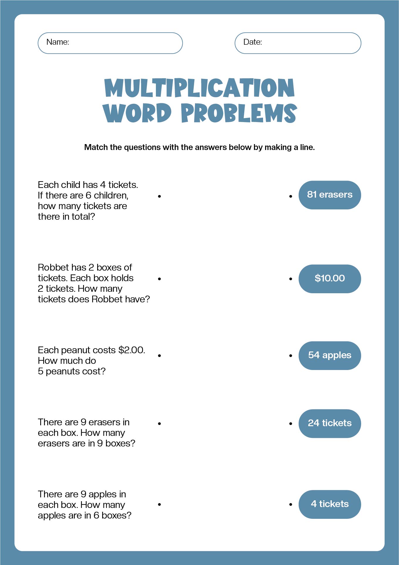 Multiplication Word Problems Printable