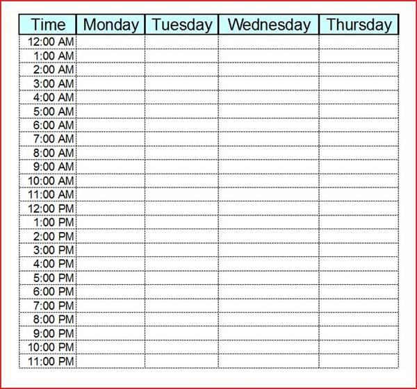 Weekly Hourly Schedule Template