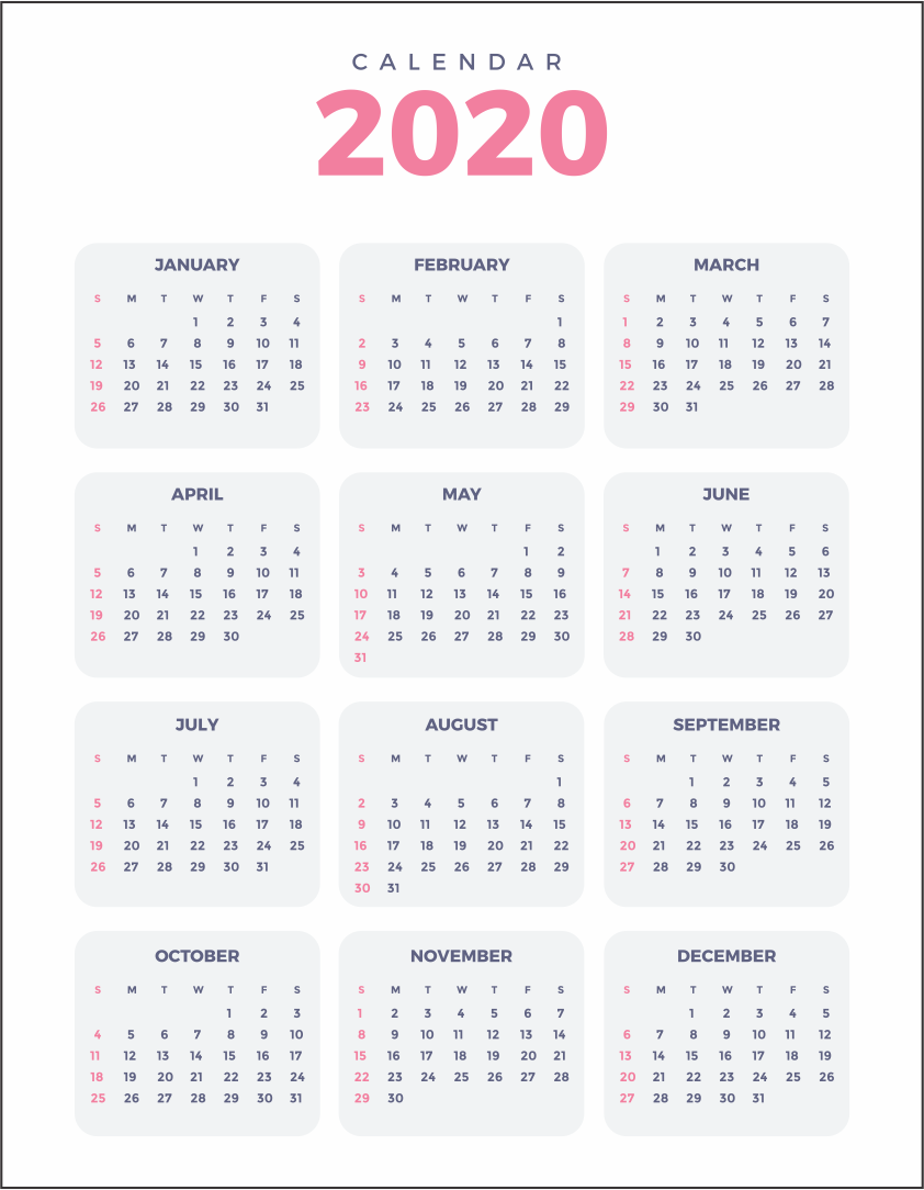 2020 Yearly Calendar  Printable