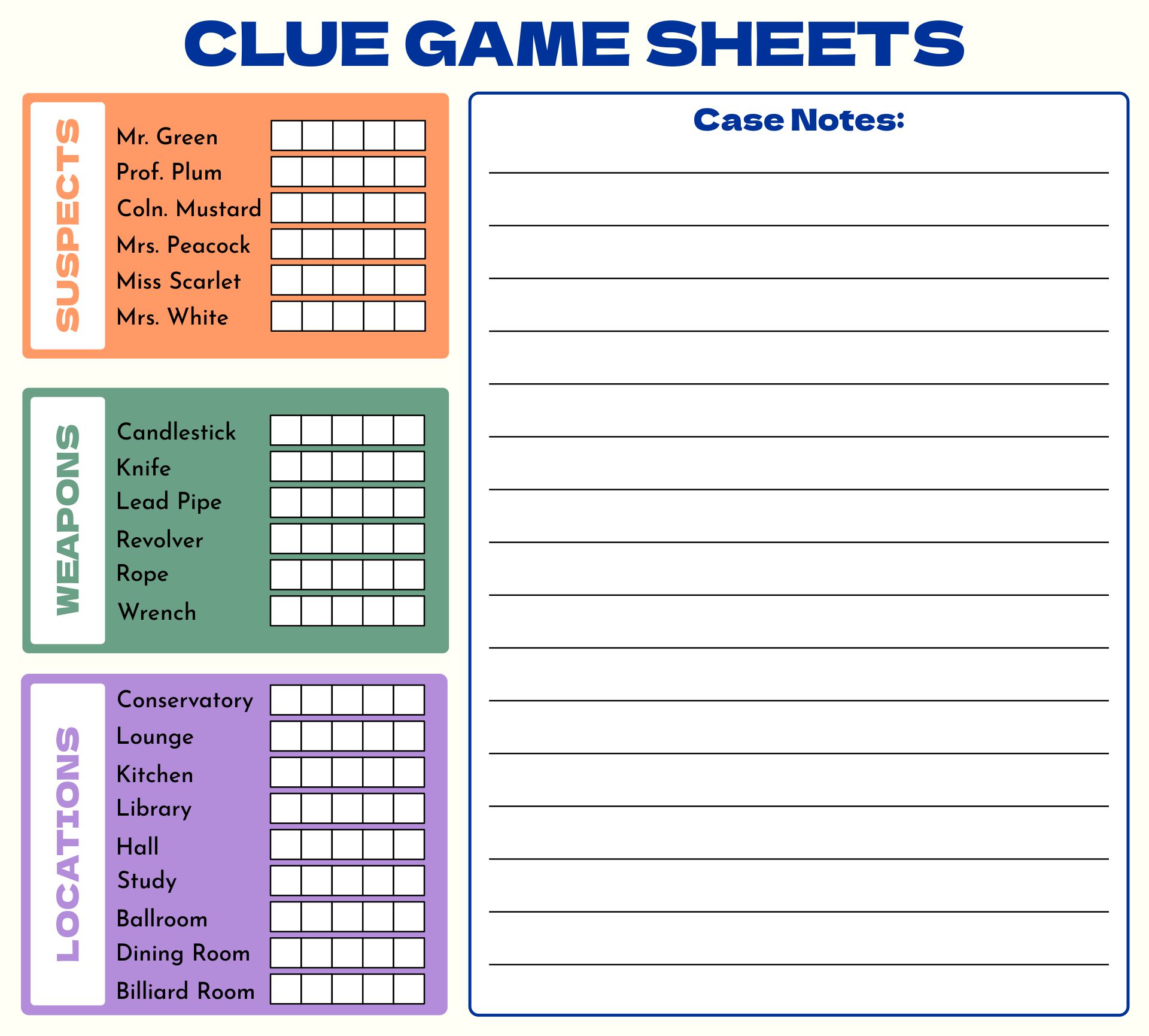 Original Clue Game Sheets Printable