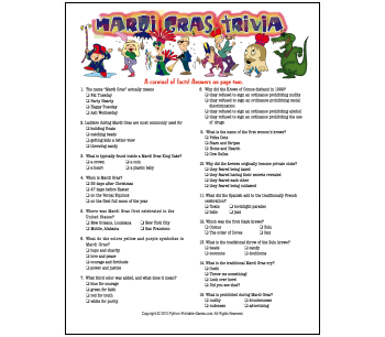 Printable Mardi Gras Trivia