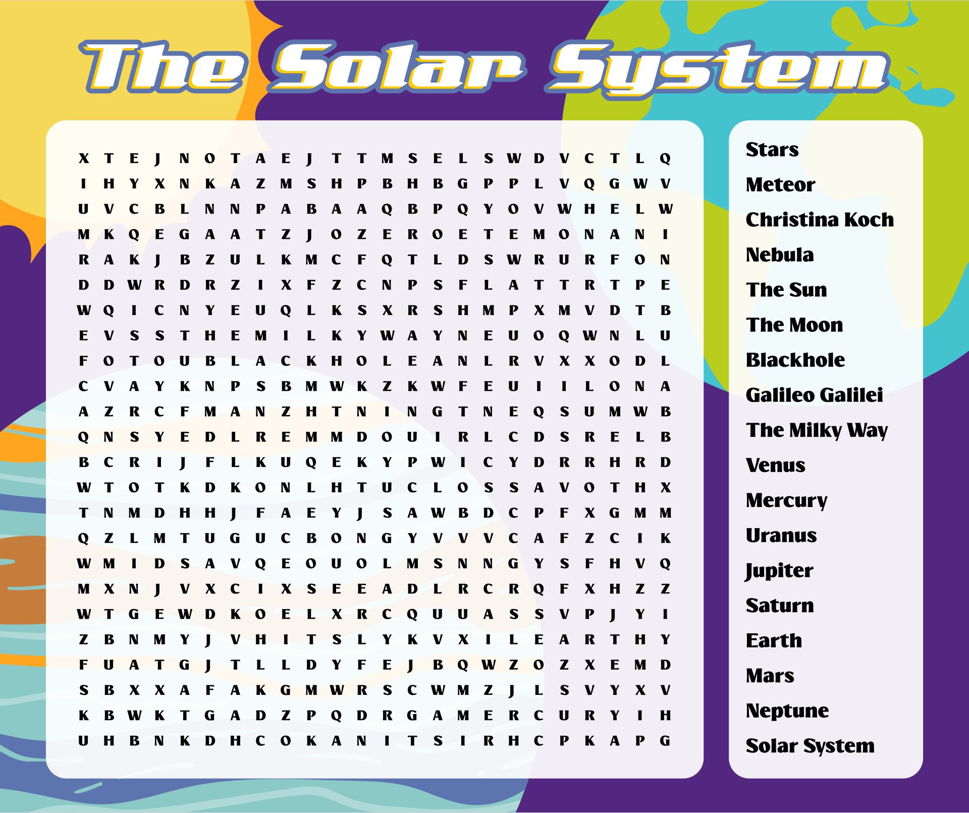 Solar System Word Search Printables