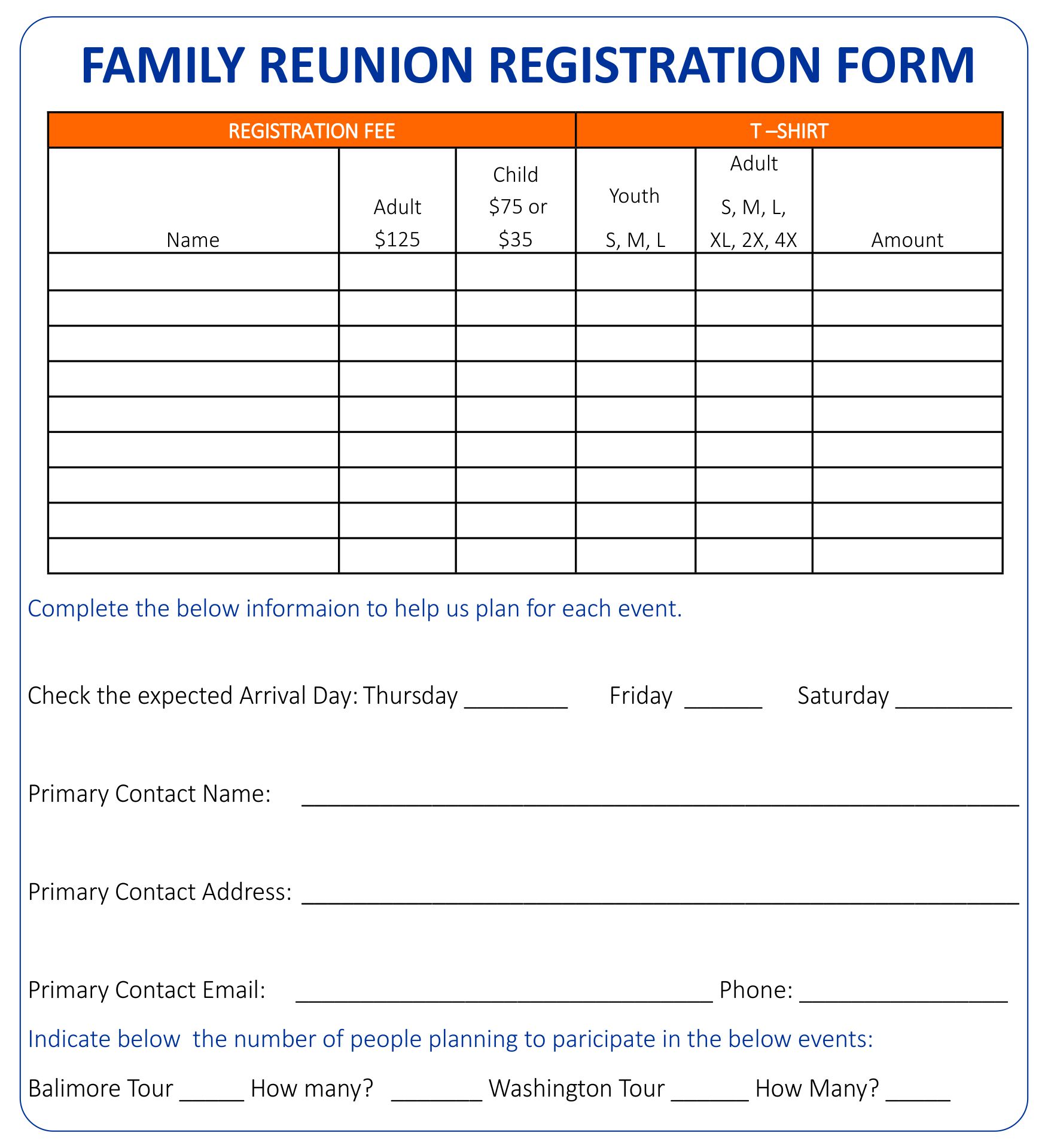Family Reunion Registration Form Template