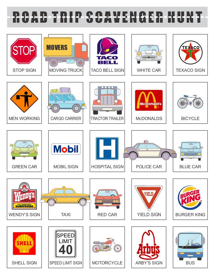 Kids Road Trip Scavenger Hunt Printable