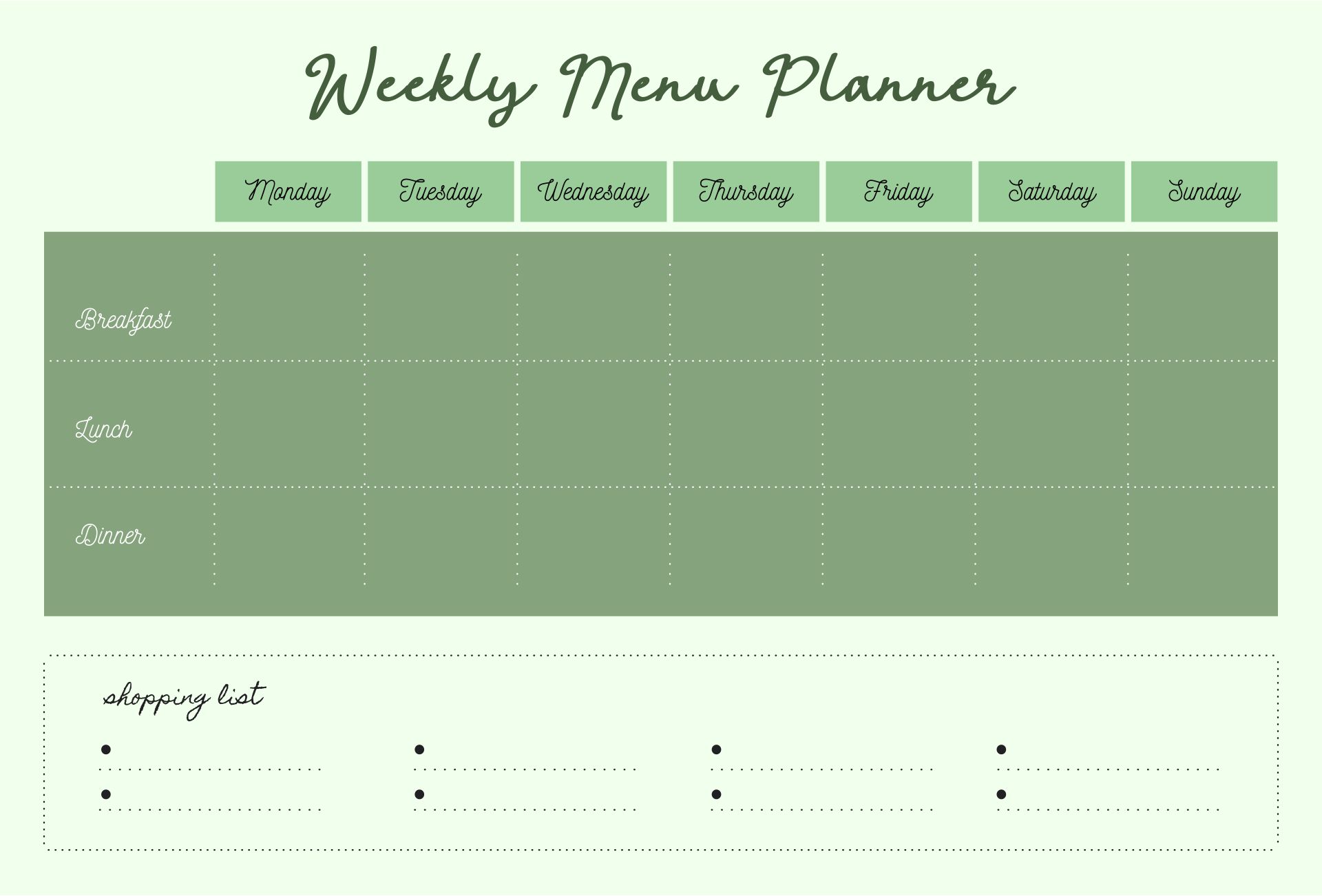 blank meal plan sheet